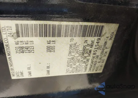 2010 Nissan Maxima 3.5 Sv из США, поврежденный, VIN 1N4AA5AP7AC851549